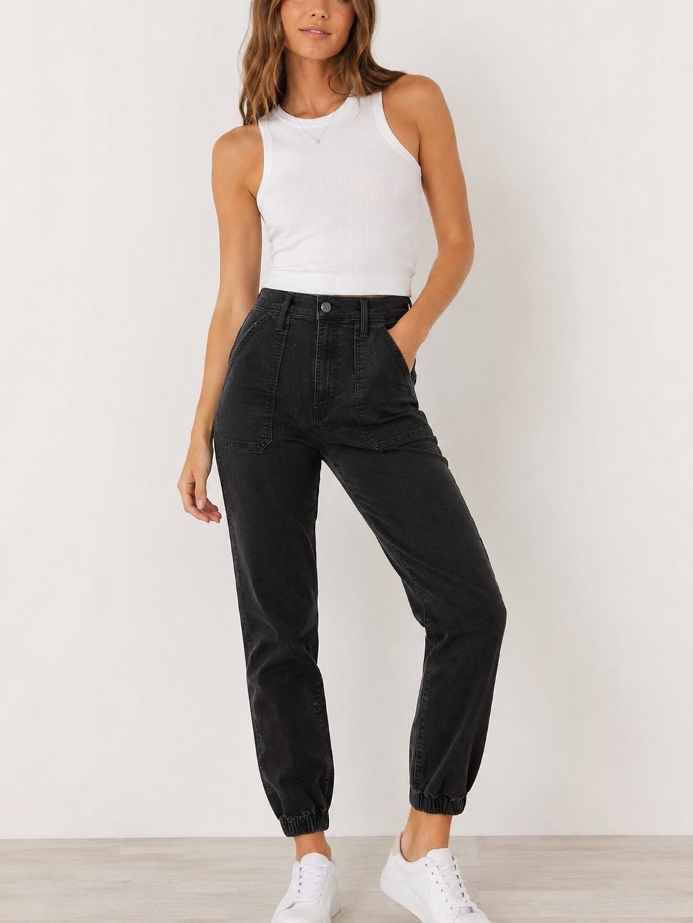 Mother Black High Rise Utility Jogger Jeans Size 26 Elastic Hem Ankle